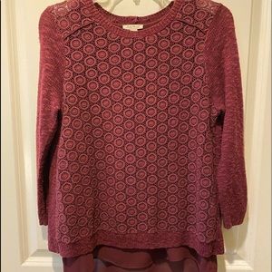 Lucky Brand▪️Burgundy Lined Lace Front Split Back Cotton/Linen Sweater Sz S.